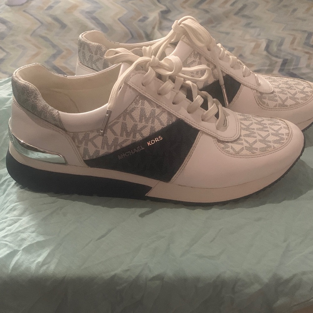 Michael Kors White, Gray and Blue Monogrammed Sneakers